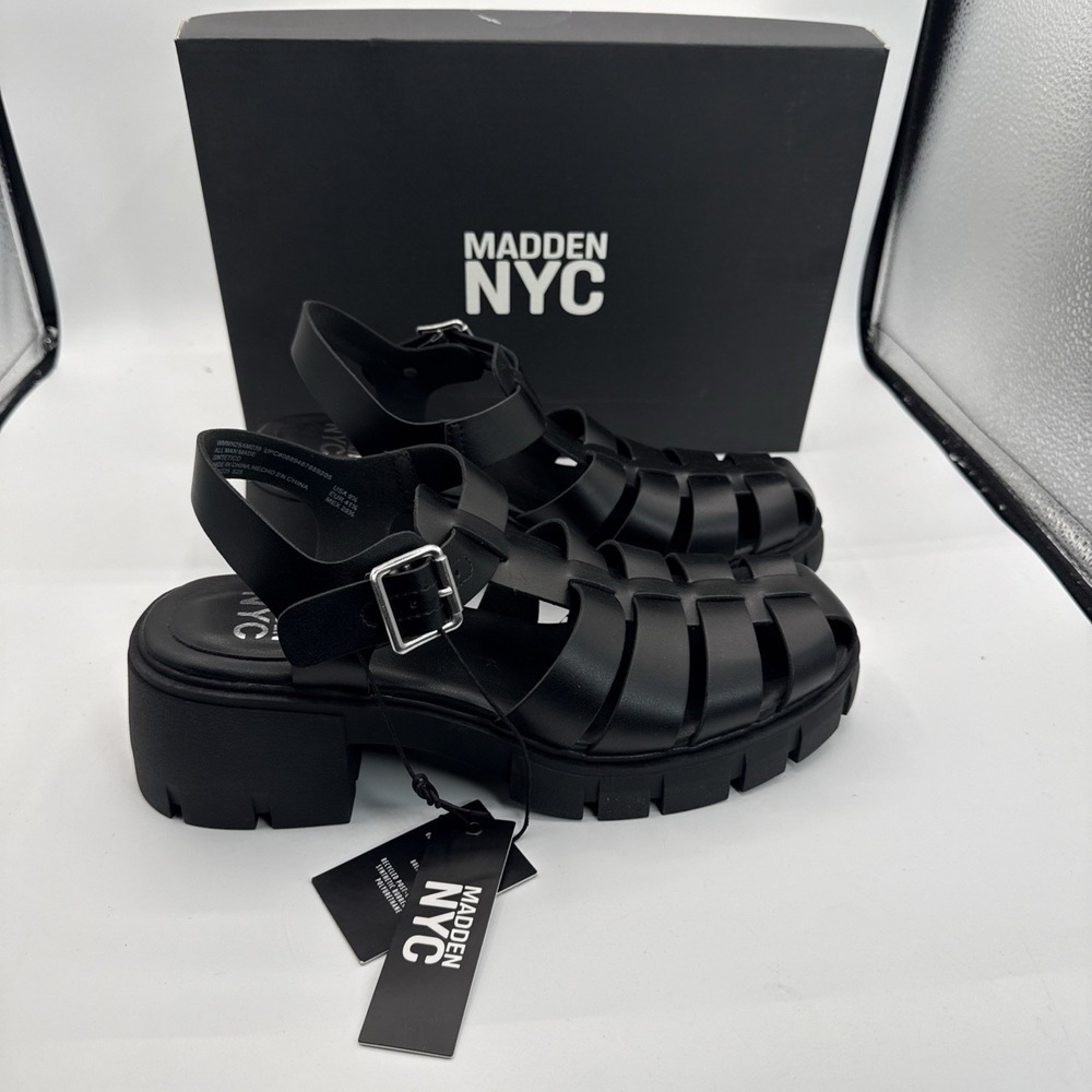 Steve Madden NYC Women Fisherman Sandals Size 9.5‎ Chunky Heel Black New w/o Box